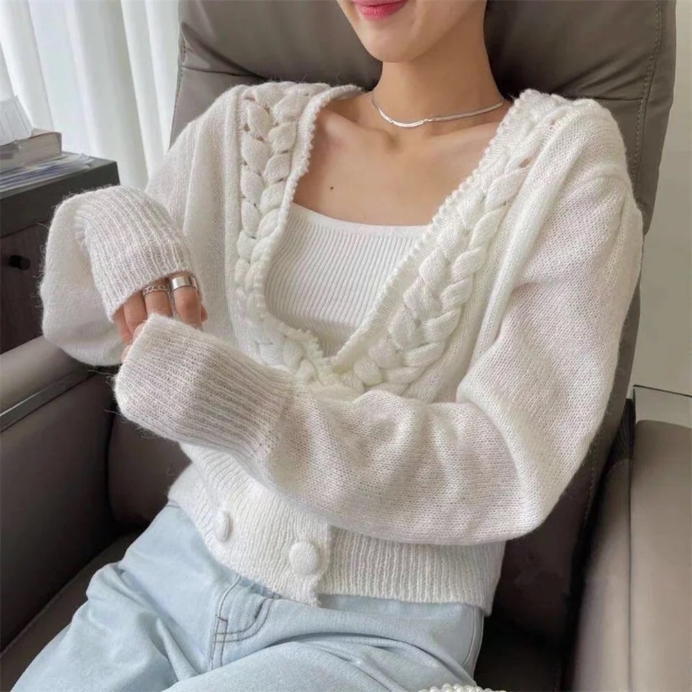 Cardigan sweater thin braided twist button white long sleeve fall winter top